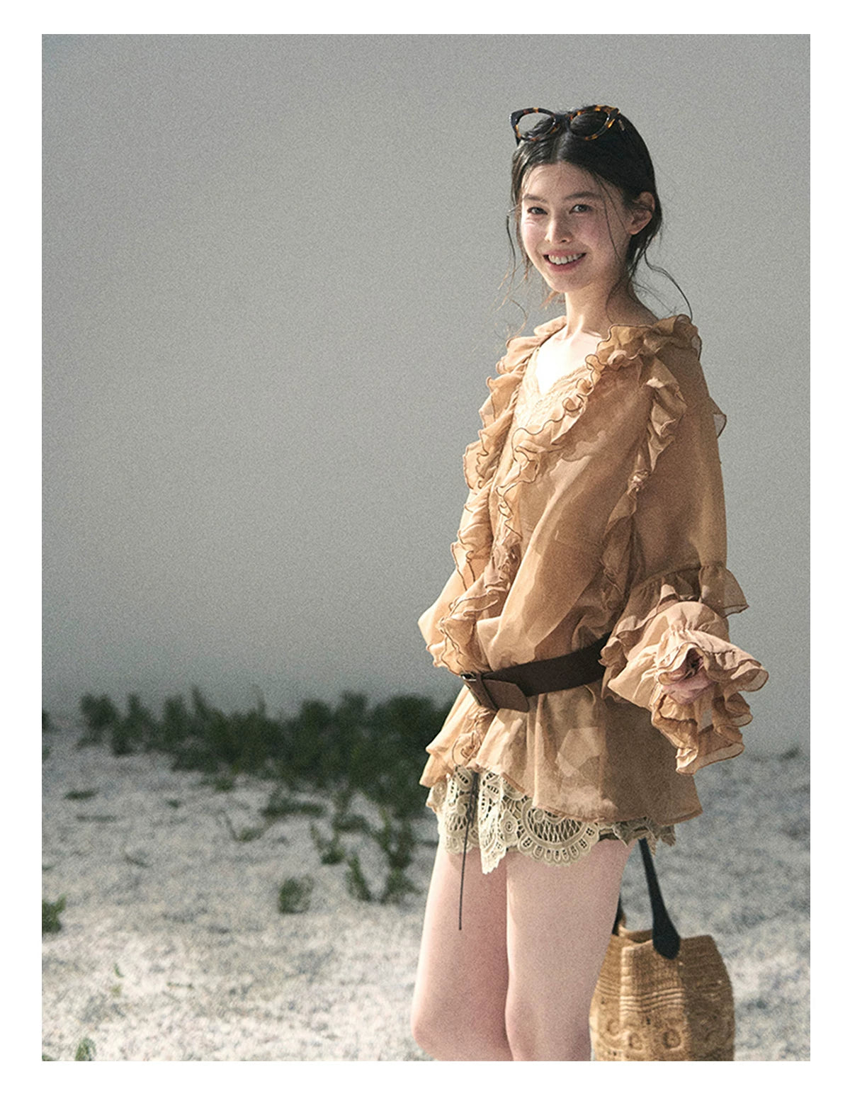 “Whispers of the Wind” Ash Caramel Lace Chiffon Blouse (With Belt)