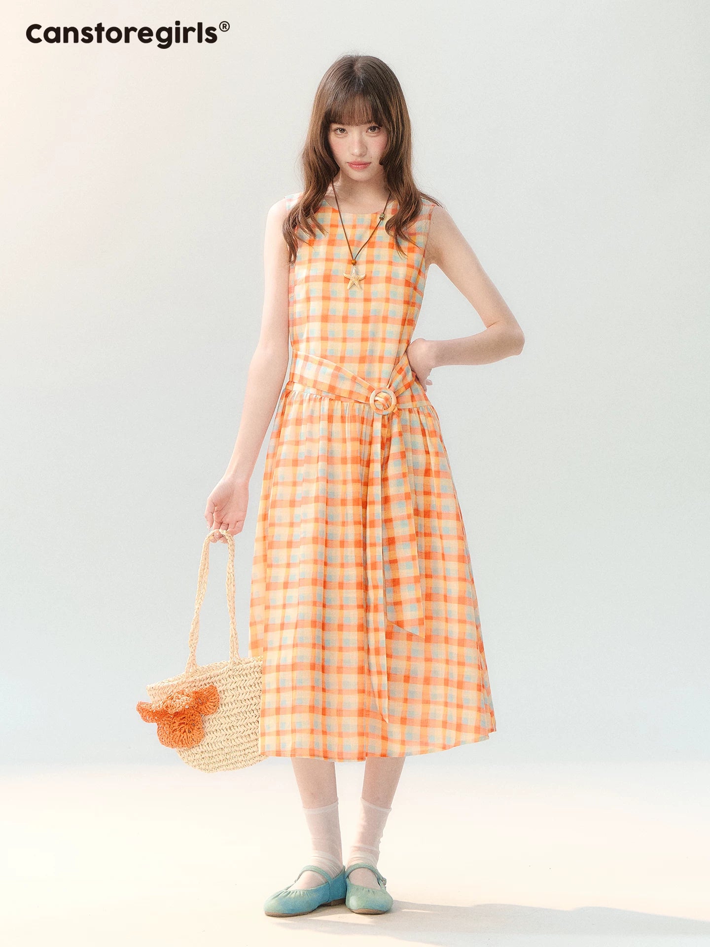 "Orange Sugar Cube" Tangerine Plaid Tie-Waist Sleeveless Dress SH2026201