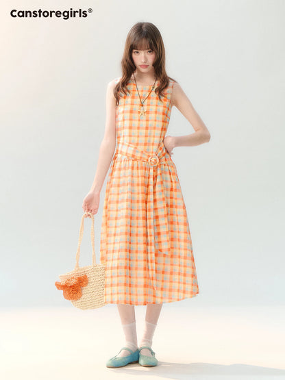 "Orange Sugar Cube" Tangerine Plaid Tie-Waist Sleeveless Dress SH2026201
