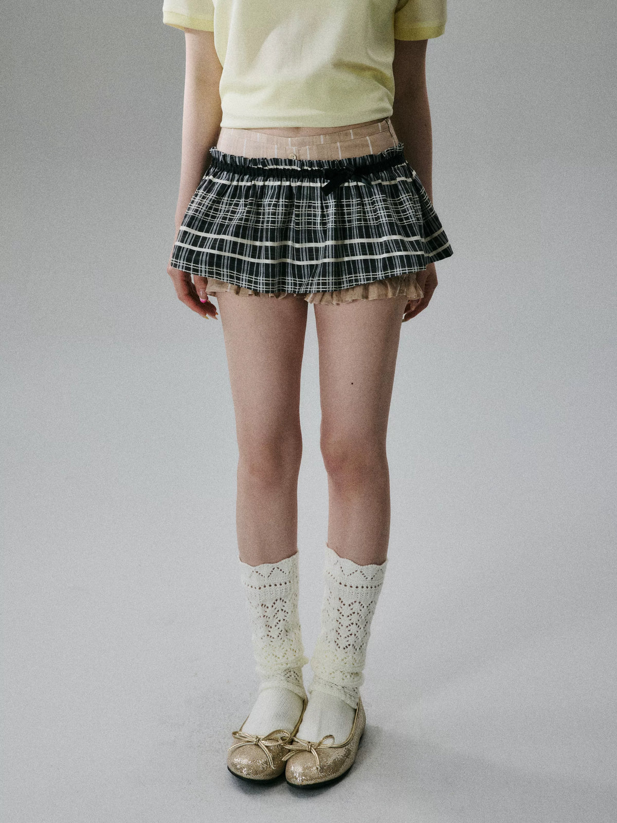 LOST FOREST - Black Plaid & Tea Brown Silk-Cotton Layered Skirt