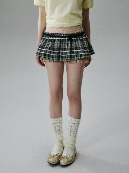 LOST FOREST - Black Plaid & Tea Brown Silk-Cotton Layered Skirt