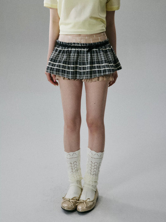 LOST FOREST - Black Plaid & Tea Brown Silk-Cotton Layered Skirt