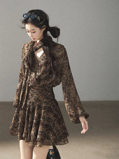 "Wait for a Tree of Blossoms" Cocoa Brown French Long-Sleeve Chiffon Dress (+ Camisole)