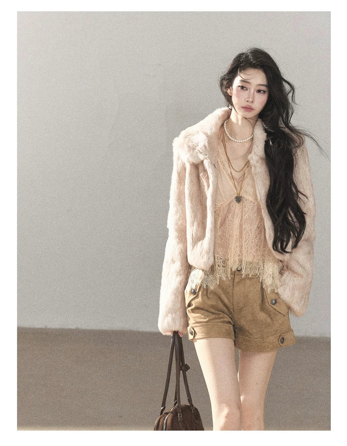 AOMALM - Blush Pink Lace-Trim Chiffon Blouse & Cami Set