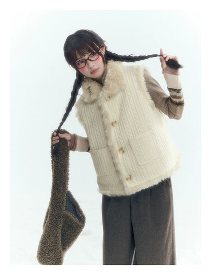 Horridale - Cream Beige Reversible Knit Vest with Detachable Bow