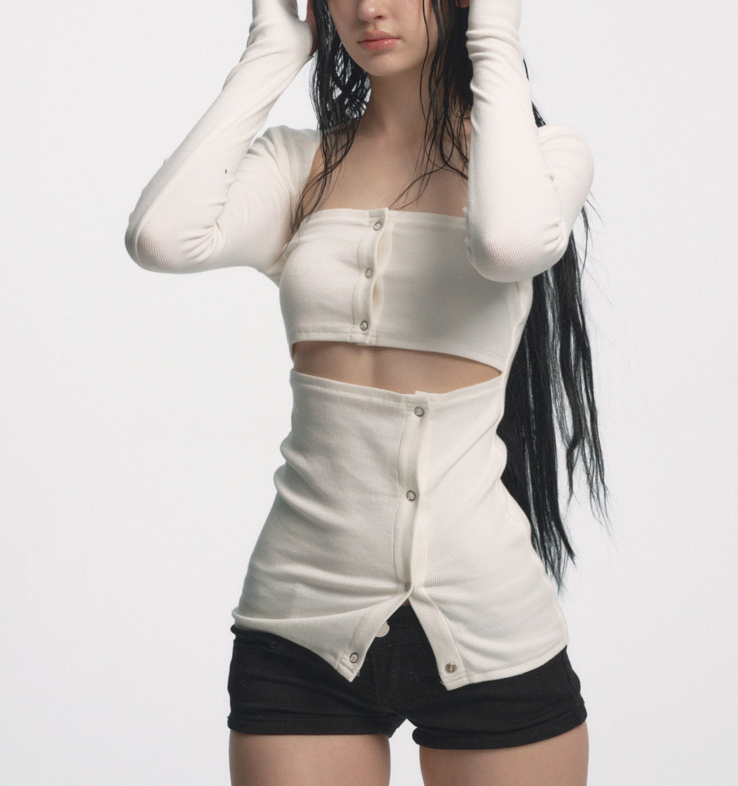 Muirgen - White Y2K Sculpted Ribbed Waist-Cinched Base Top
