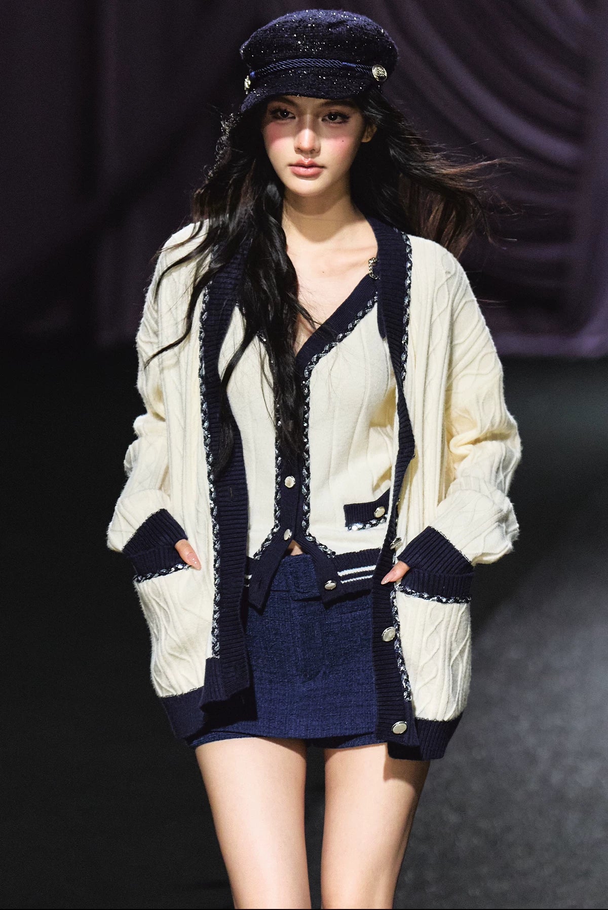 Contrast Knit Cardigan, V-Neck Tank & A-Line Skort Three-Piece Set