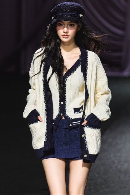 Contrast Knit Cardigan, V-Neck Tank & A-Line Skort Three-Piece Set