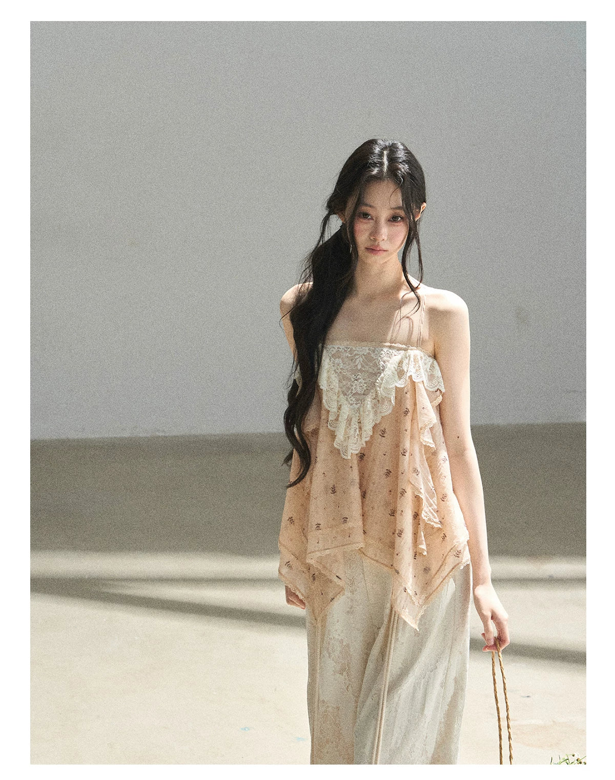"Orange-Scented Dusk" Toasted Rice Beige Asymmetrical Lace Cami