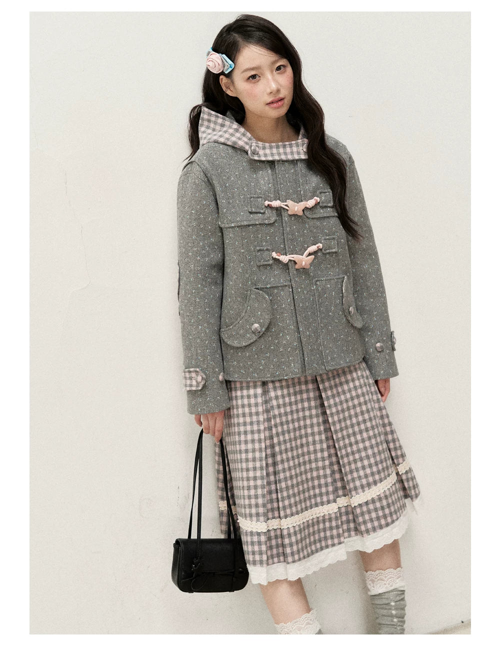 [RF] Floral Heather Gray Pink Plaid-Trim Hooded Duffle Coat