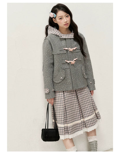 [RF] Floral Heather Gray Pink Plaid-Trim Hooded Duffle Coat