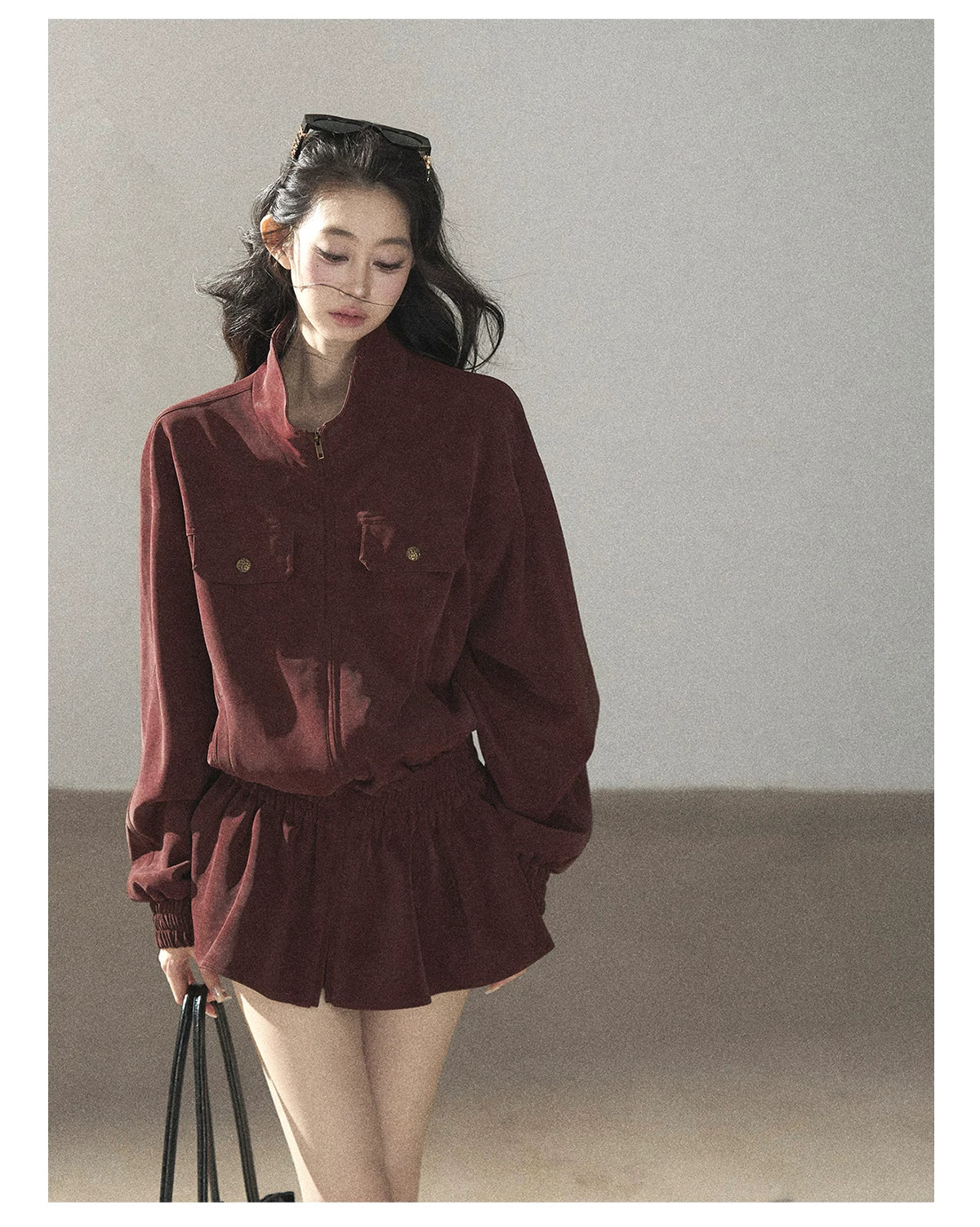 AOMALM - Burgundy PU Suede Jacket & A-Line Shorts Set