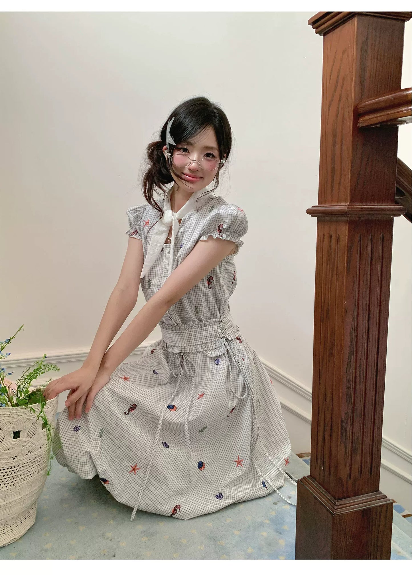 “Seaside Plaid Isle” Ocean Plaid Bubble Hem Dress