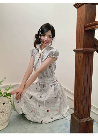 “Seaside Plaid Isle” Ocean Plaid Bubble Hem Dress