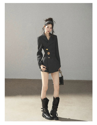 AOMALM - Deep Slate Gray Tailored Blazer & Shorts Set