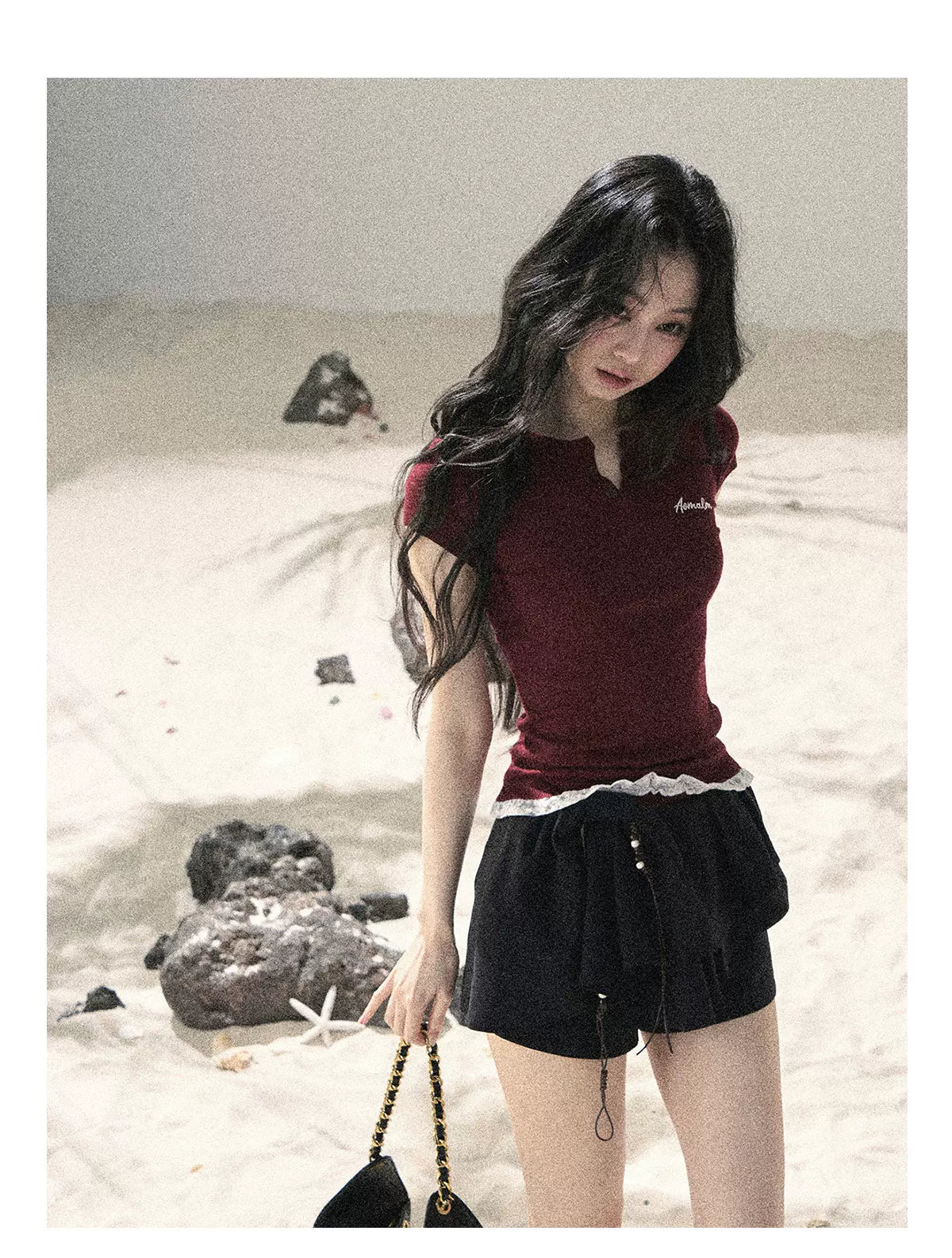 "Letter from the Tides" Burgundy Red Faux Two-Piece Lace Waist-Fit Crop Top 452436