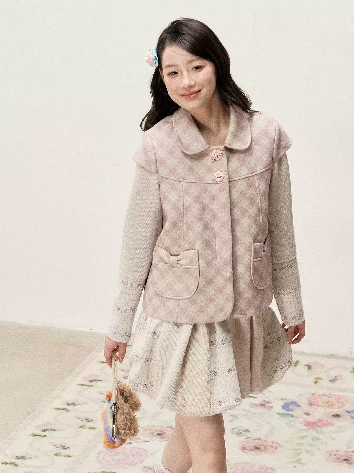 [RF] Vintage Floral Patchwork Knit Bubble Skirt in Blush Pink