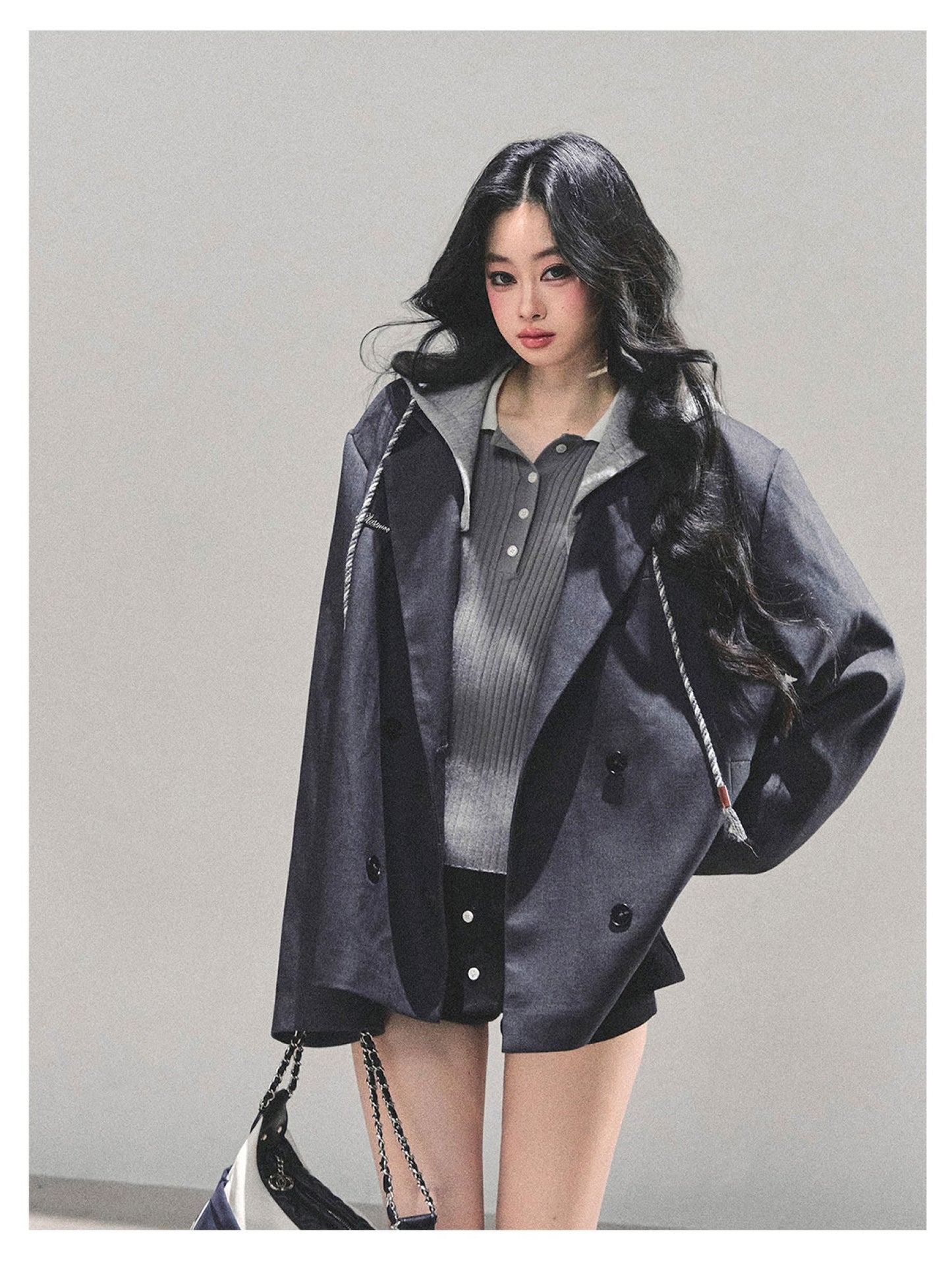 少也眼 "Minimal Silhouette" Hooded Blazer - Gray