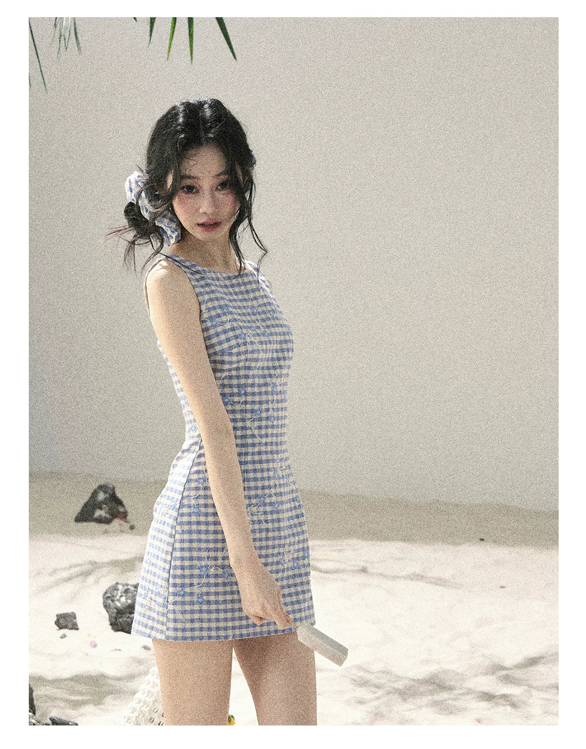 "Sea Breeze Reverie" Sky Blue Embroidered Plaid Mini Dress (With Matching Scrunchie)