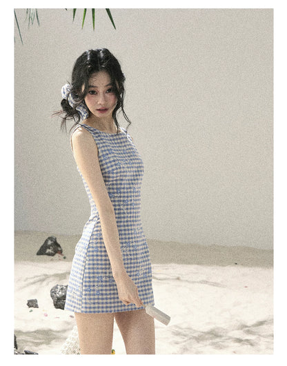 "Sea Breeze Reverie" Sky Blue Embroidered Plaid Mini Dress (With Matching Scrunchie)