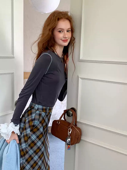 Caramel Brown Plaid Maxi Skirt