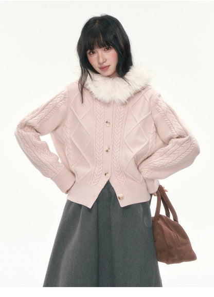 [CAN] Cable Knit Hooded Cardigan (Navy / Dusty Pink)