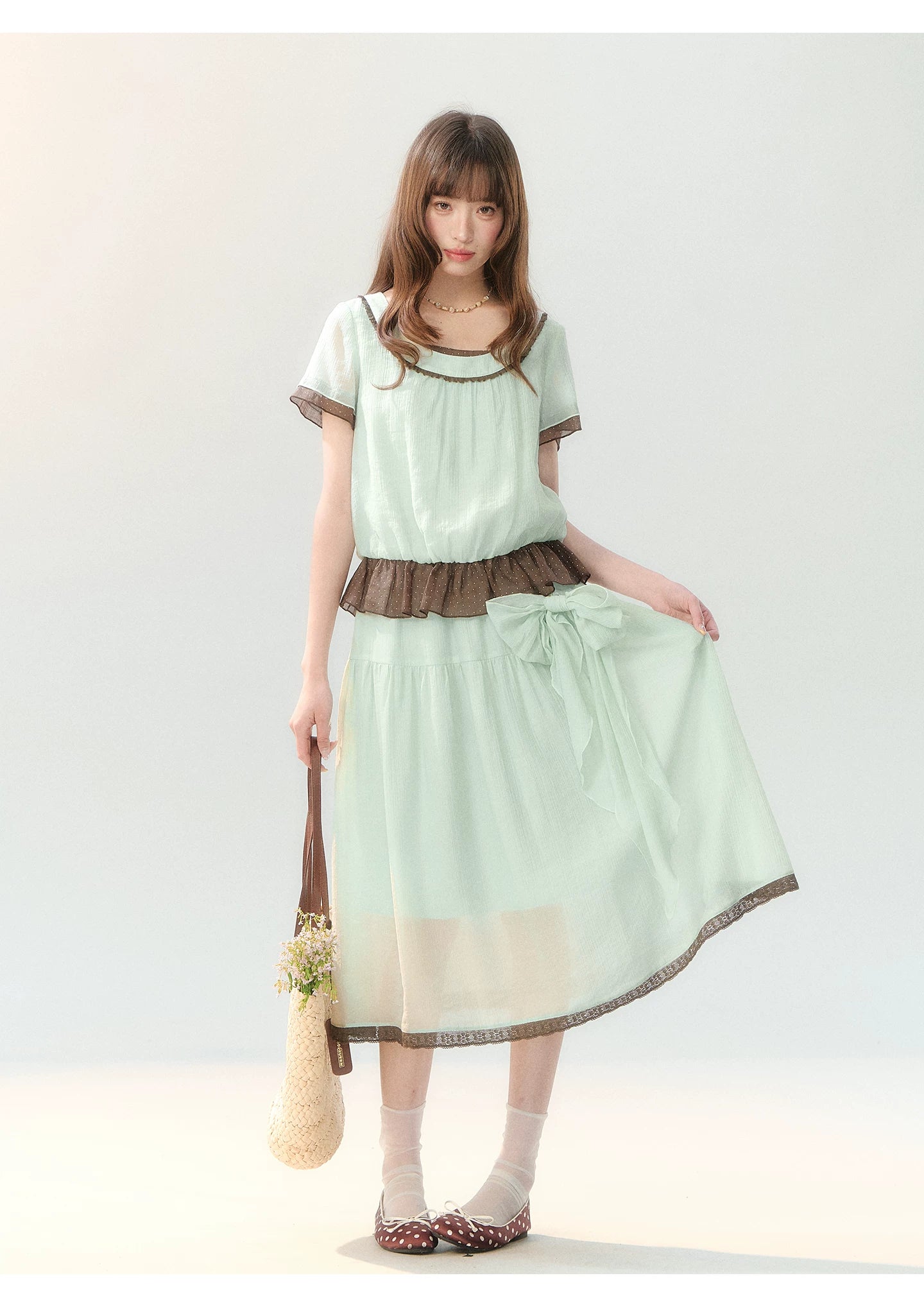 "Mint Sugar Whimsy" Mint Green Polka Dot Two-Piece Skirt Set LL2026194