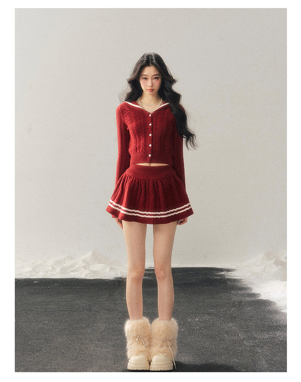 少也眼 "Whispers of the Evening Breeze" Collegiate Red Knit Two-Piece Set