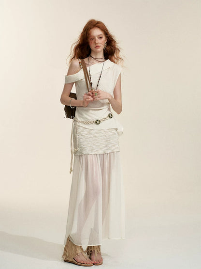 Apricot Sheer-Panel Midi Skirt