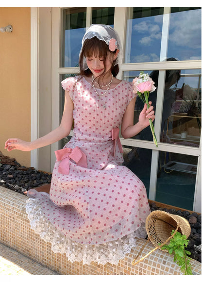 [RF] “Pink Mist Polka” Vintage Polka Dot Maxi Dress