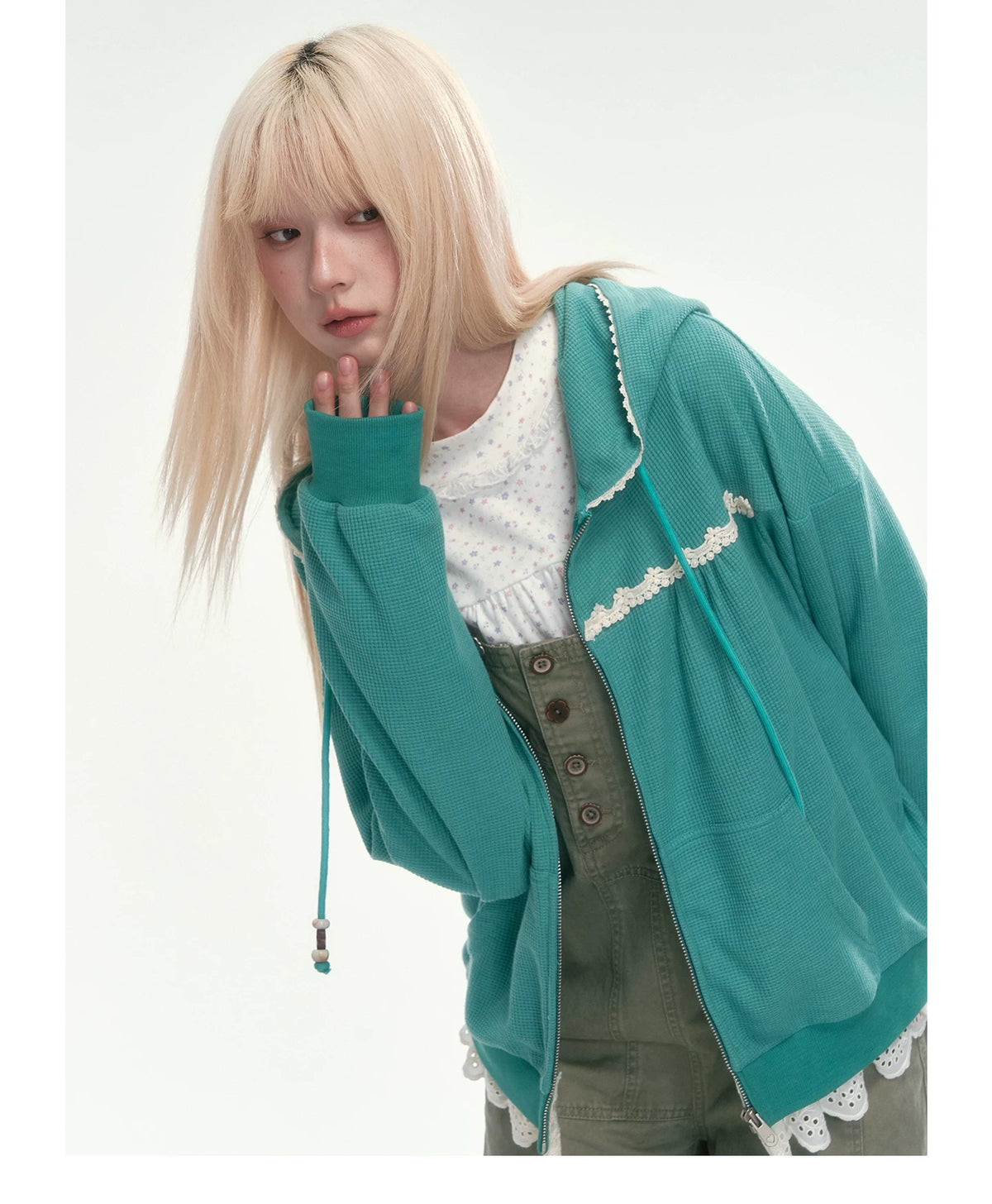 [CAN] Green Lace-Trim Waffle Knit Zip-Up Hoodie