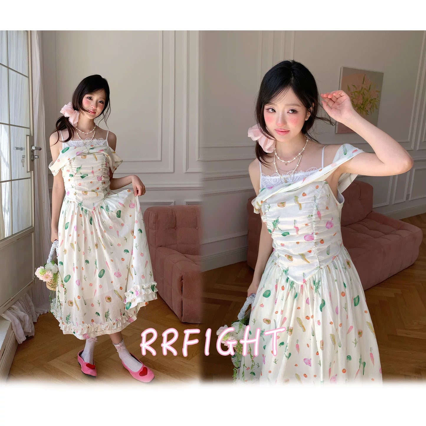 “Verdant Orchard Reverie” Beige Fruit Print Off-Shoulder Dress