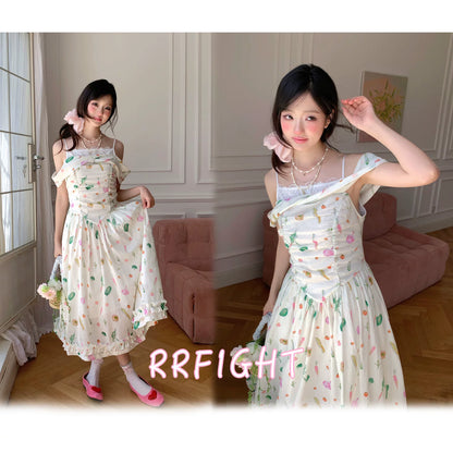 “Verdant Orchard Reverie” Beige Fruit Print Off-Shoulder Dress