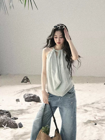 "Flowing Silk Reverie" Light Bean Green Halter Backless Top 536845