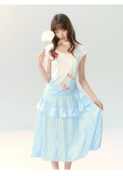 "Koi Garden Letter" White & Blue Goldfish Print Two-Piece Skirt Set LL2026220