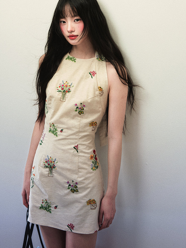 1P - “Don’t Know What To Do” Linen Bloom Embroidered Halter Dress