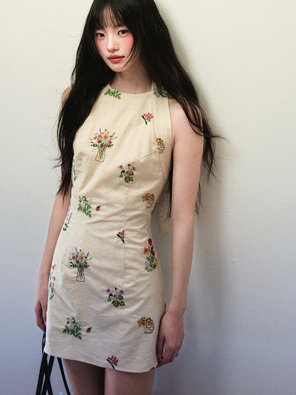 1P - “Don’t Know What To Do” Linen Bloom Embroidered Halter Dress
