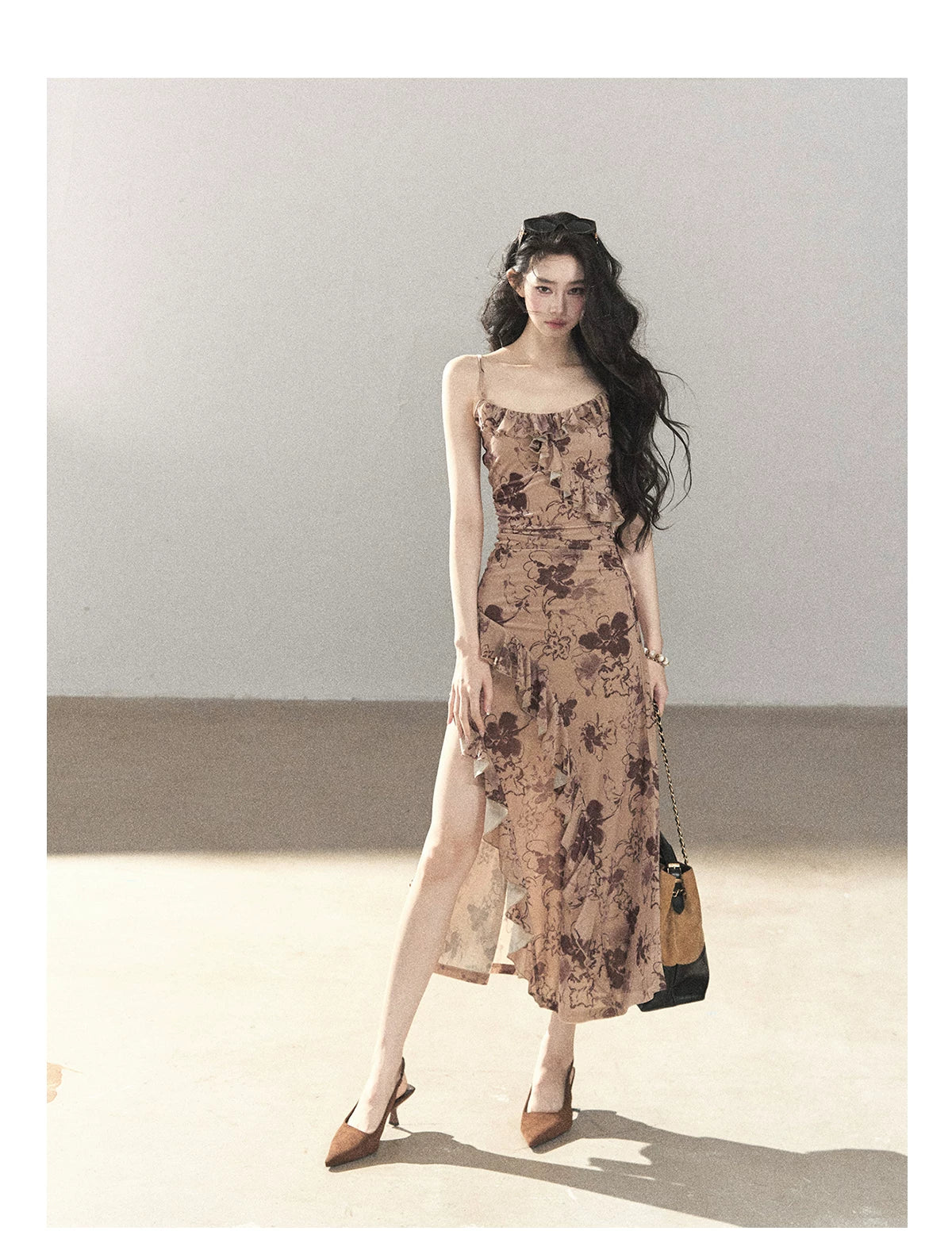 AOMALM - "Wildflower Date" Milk Tea Brown Ruffle Floral Maxi Dress (With Matching Hair Tie)