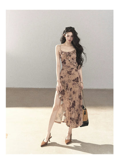 AOMALM - "Wildflower Date" Milk Tea Brown Ruffle Floral Maxi Dress (With Matching Hair Tie)