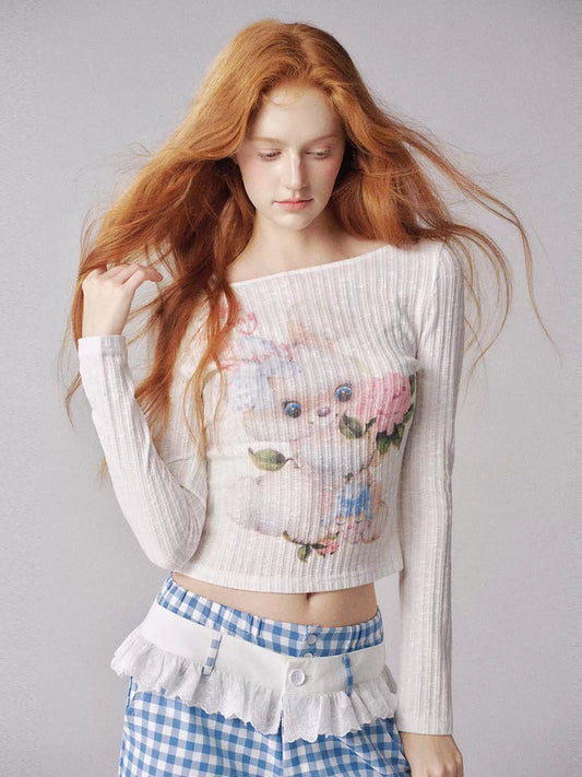 "小兔奶糖" Fitted Bunny Print Long Sleeve Tee