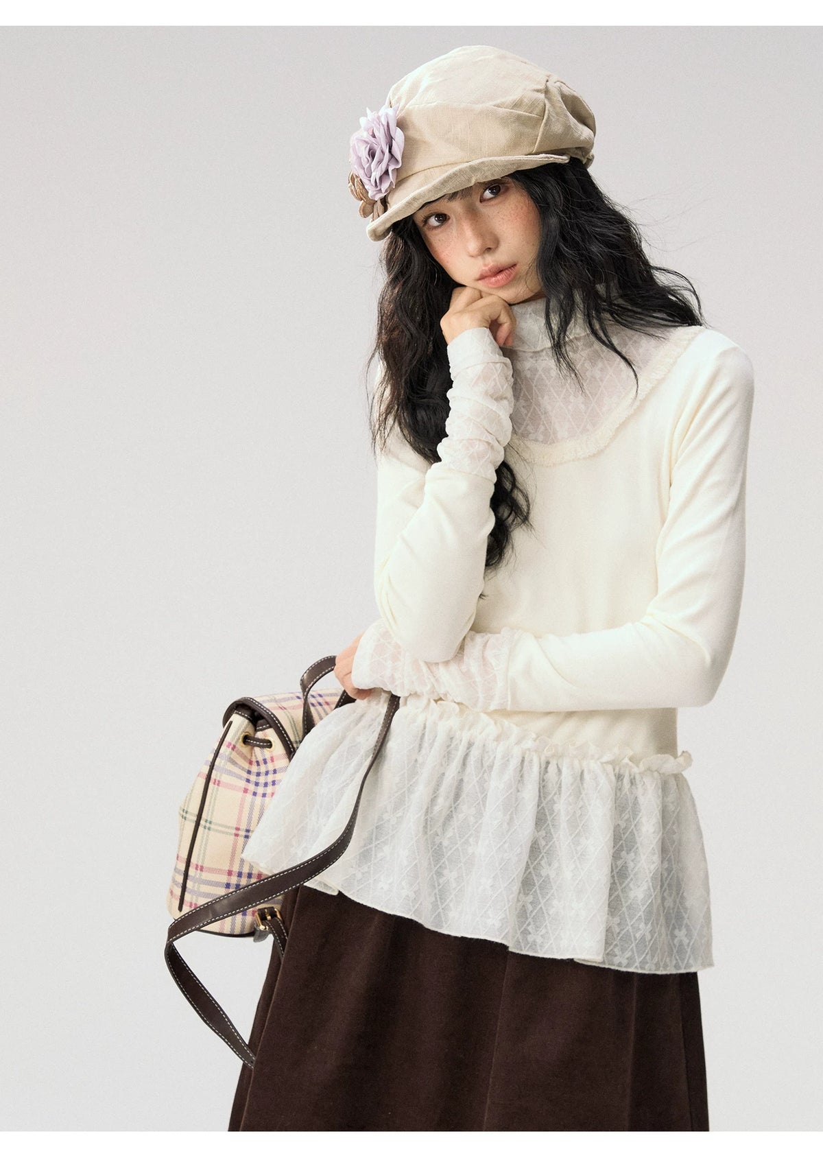 [CAN] “Cream Cloud” Ivory Lace Ruffle High-Neck Top