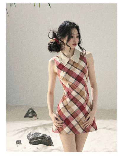 "Sunset by the Shore" Vintage Red Plaid Polo Mini Dress 358648564