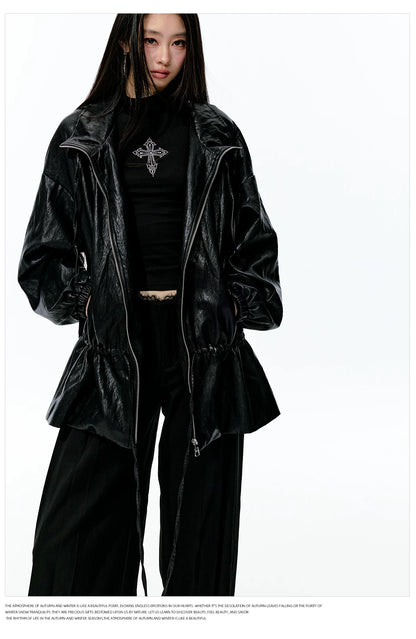 JN's DESIGN - Black Drawstring Faux Leather Jacket with Lace Back Detail