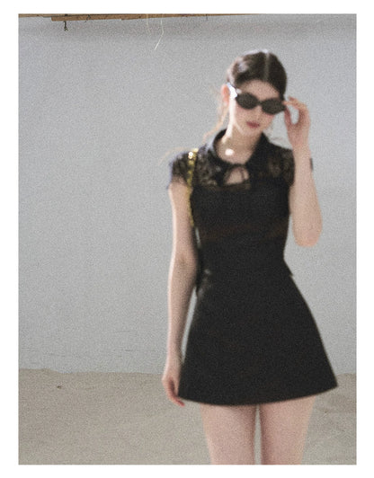 "Moonlit Rose Sonata" Tranquil Black Lace Mini Dress & Cape Set
