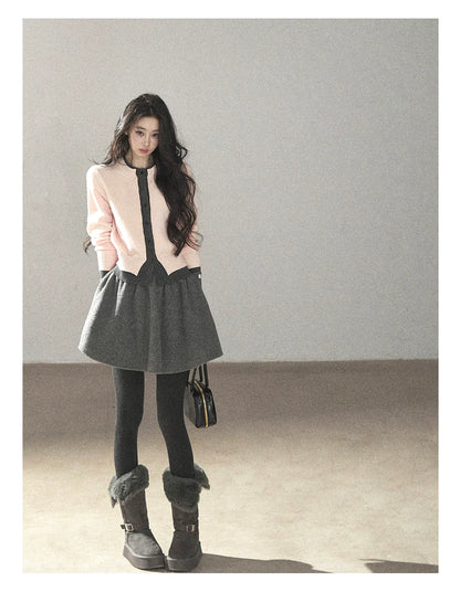 AOMALM - Cinnamon Pink Faux Layered Cropped Cardigan Sweater