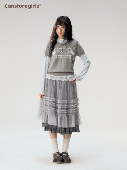 [CAN] "Little Lamb Adventure" Gray Jacquard Bow-Detail Short Sleeve Knit Top
