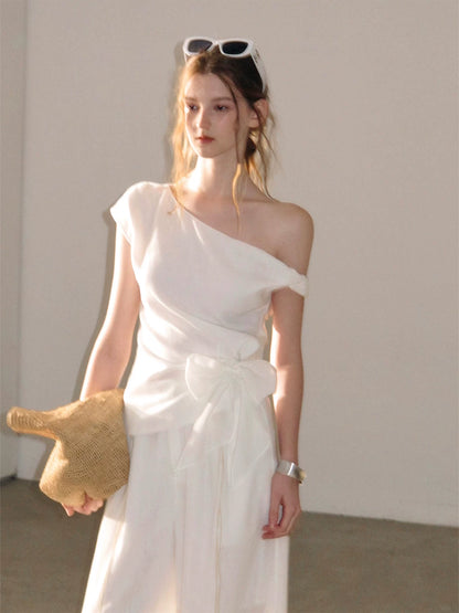 "Her Moonlight" Camellia White Off-Shoulder Top & Wide-Leg Pants Set