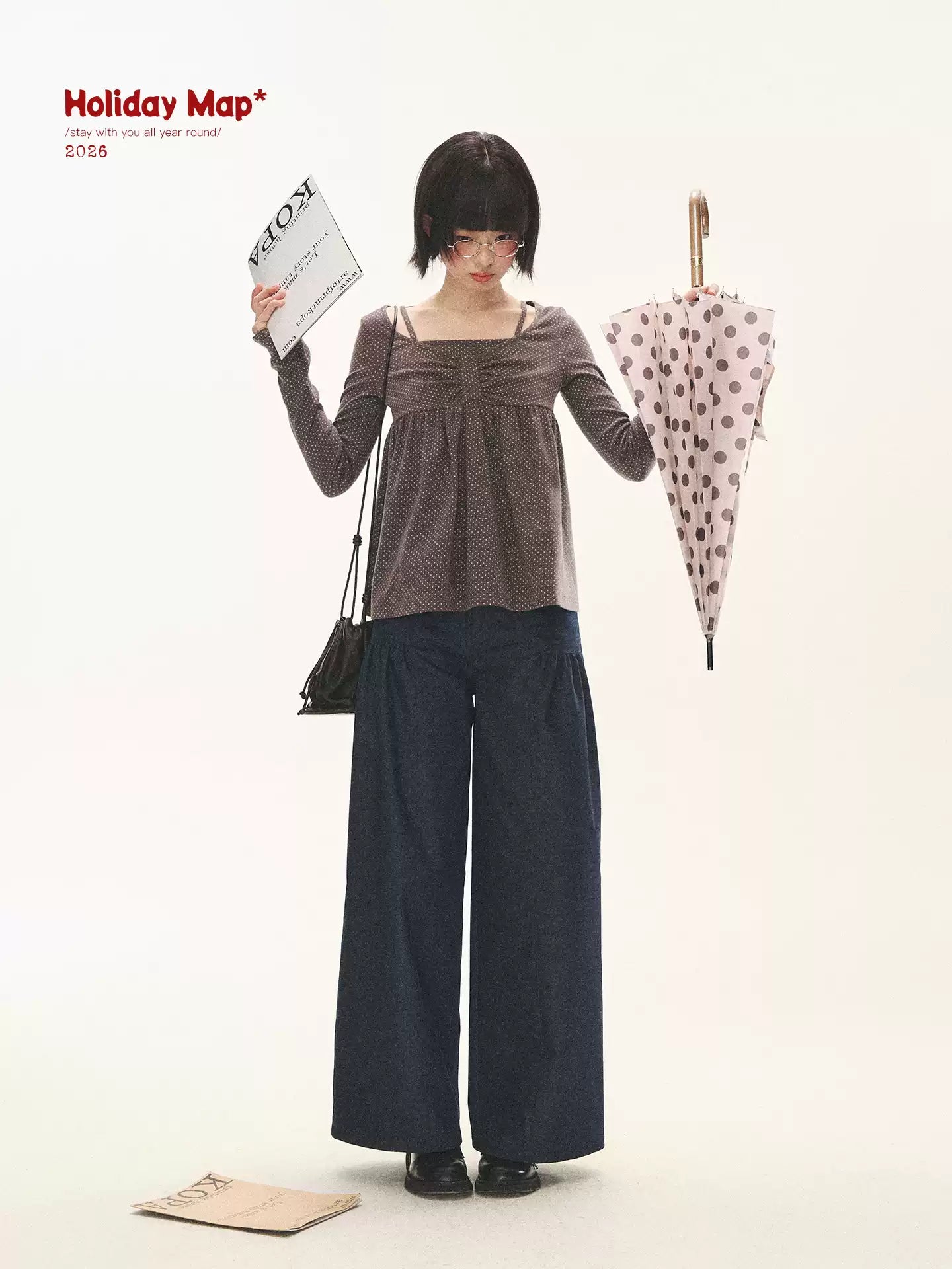 "Sweet Favorite" Polka Dot Faux-Layer Bow Knit Top (Gray Brown/ Blush Pink)