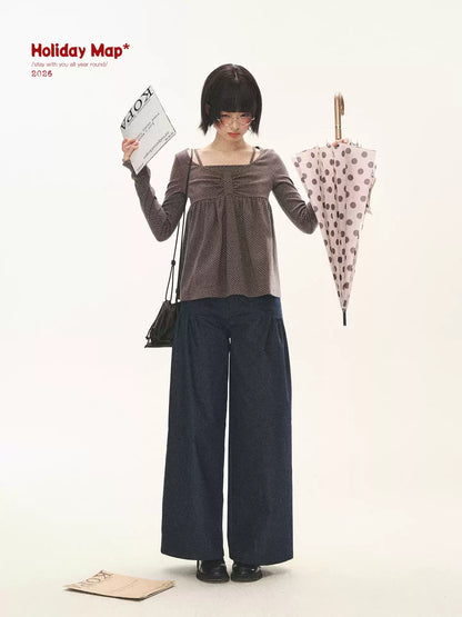 "Sweet Favorite" Polka Dot Faux-Layer Bow Knit Top (Gray Brown/ Blush Pink)