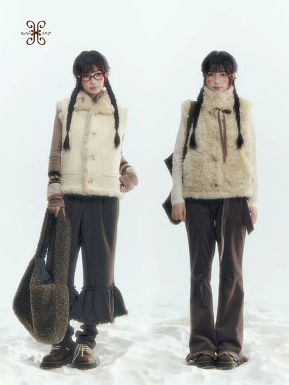 Horridale - Cream Beige Reversible Knit Vest with Detachable Bow